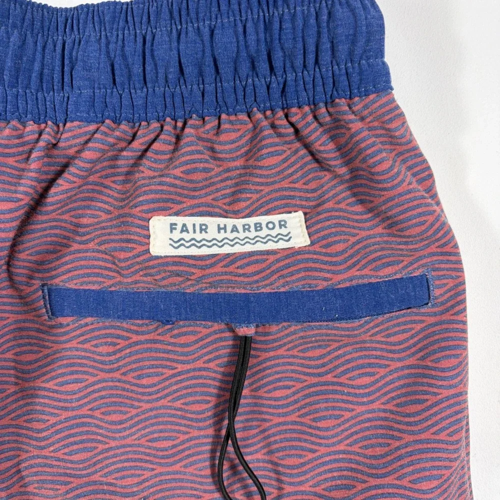 Fair Harbor Swim Shorts Mens Large Wave Pattern Recycled Polyester Red Blue